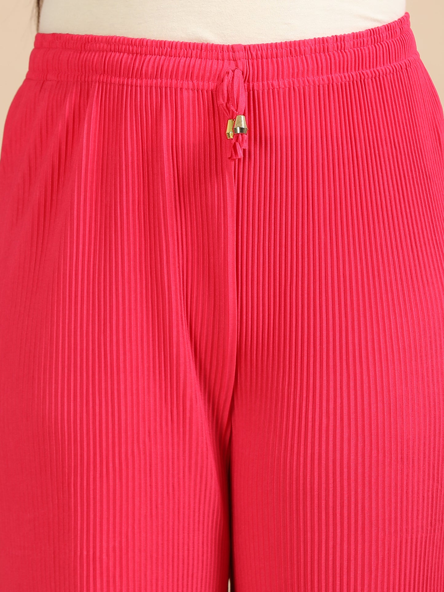 Women Pink Popcorn Fabric Pleated Palazzo Pants | Wide Leg | Soft & Stretchable