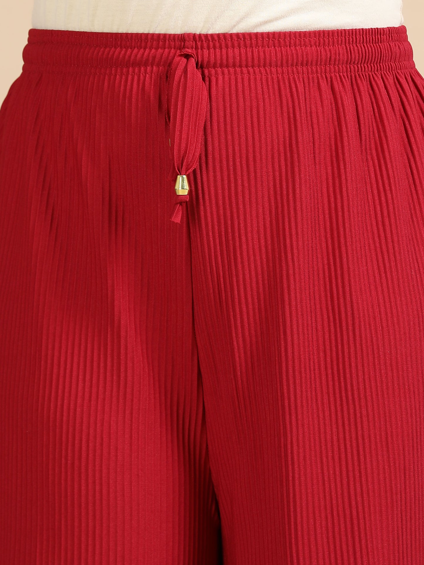 Women Maroon Popcorn Fabric Pleated Palazzo Pants | Wide Leg | Soft & Stretchable