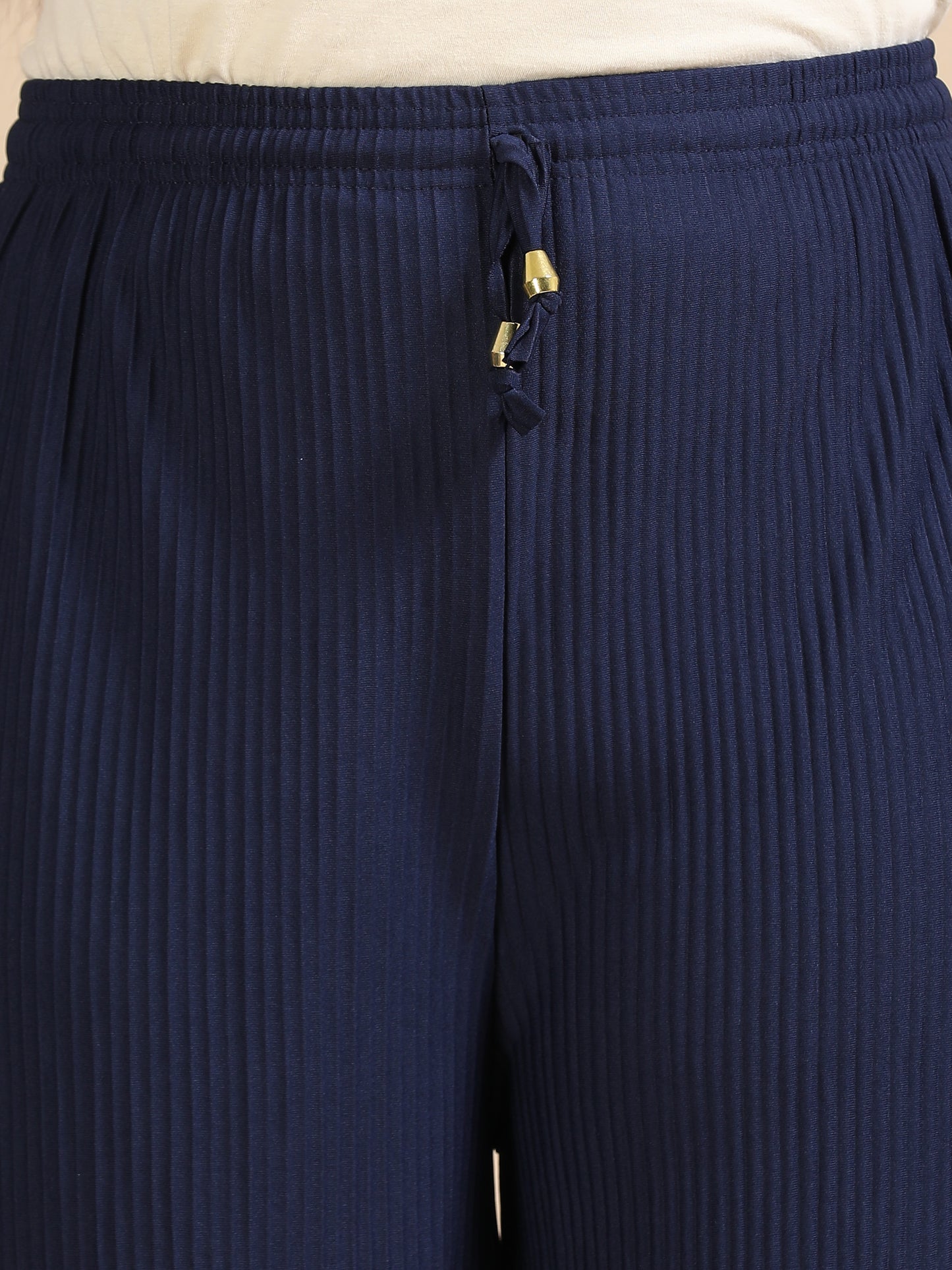 Women Navy Blue Popcorn Fabric Pleated Palazzo Pants | Wide Leg | Soft & Stretchable