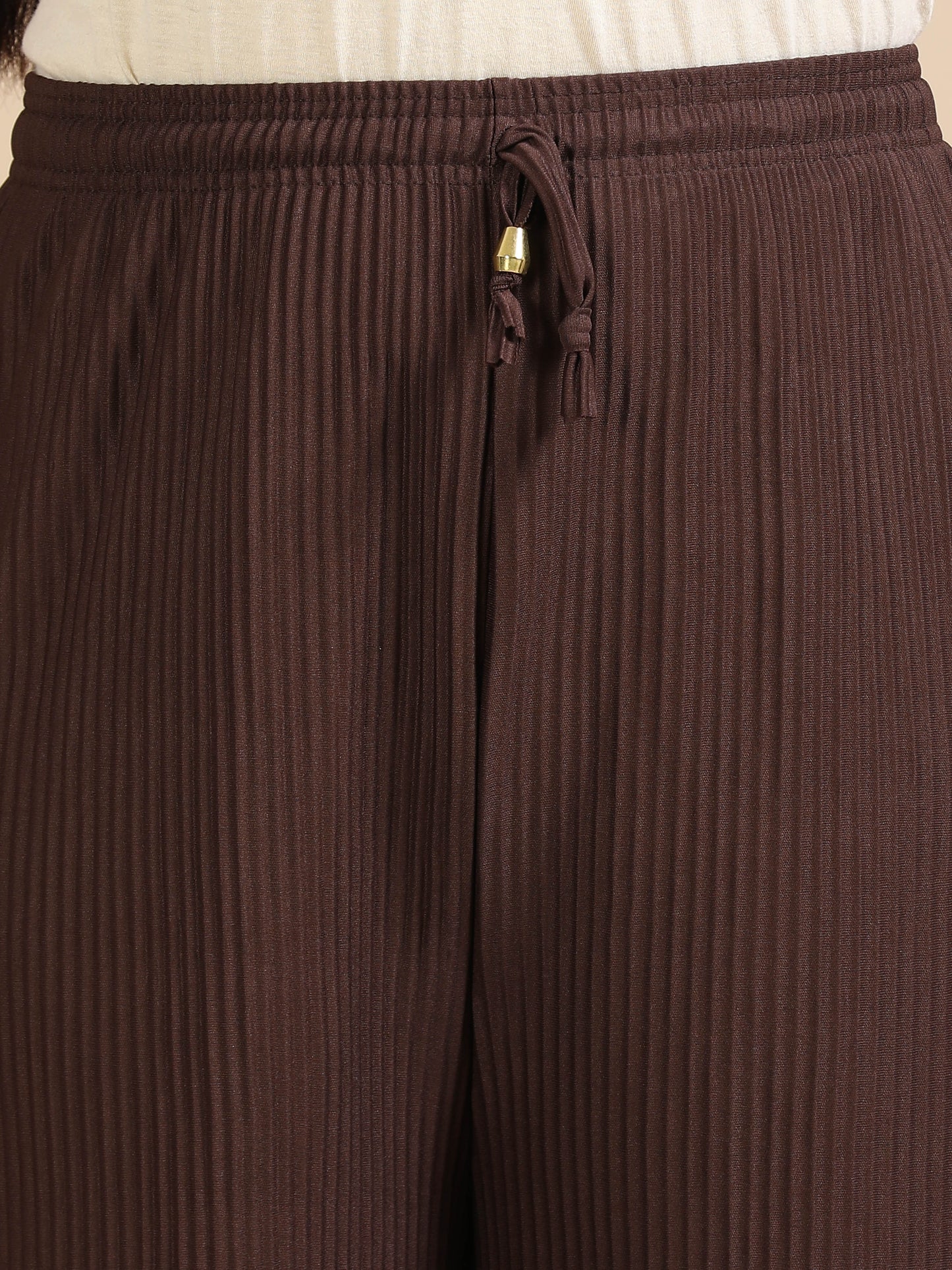 Women Brown Popcorn Fabric Pleated Palazzo Pants | Wide Leg | Soft & Stretchable