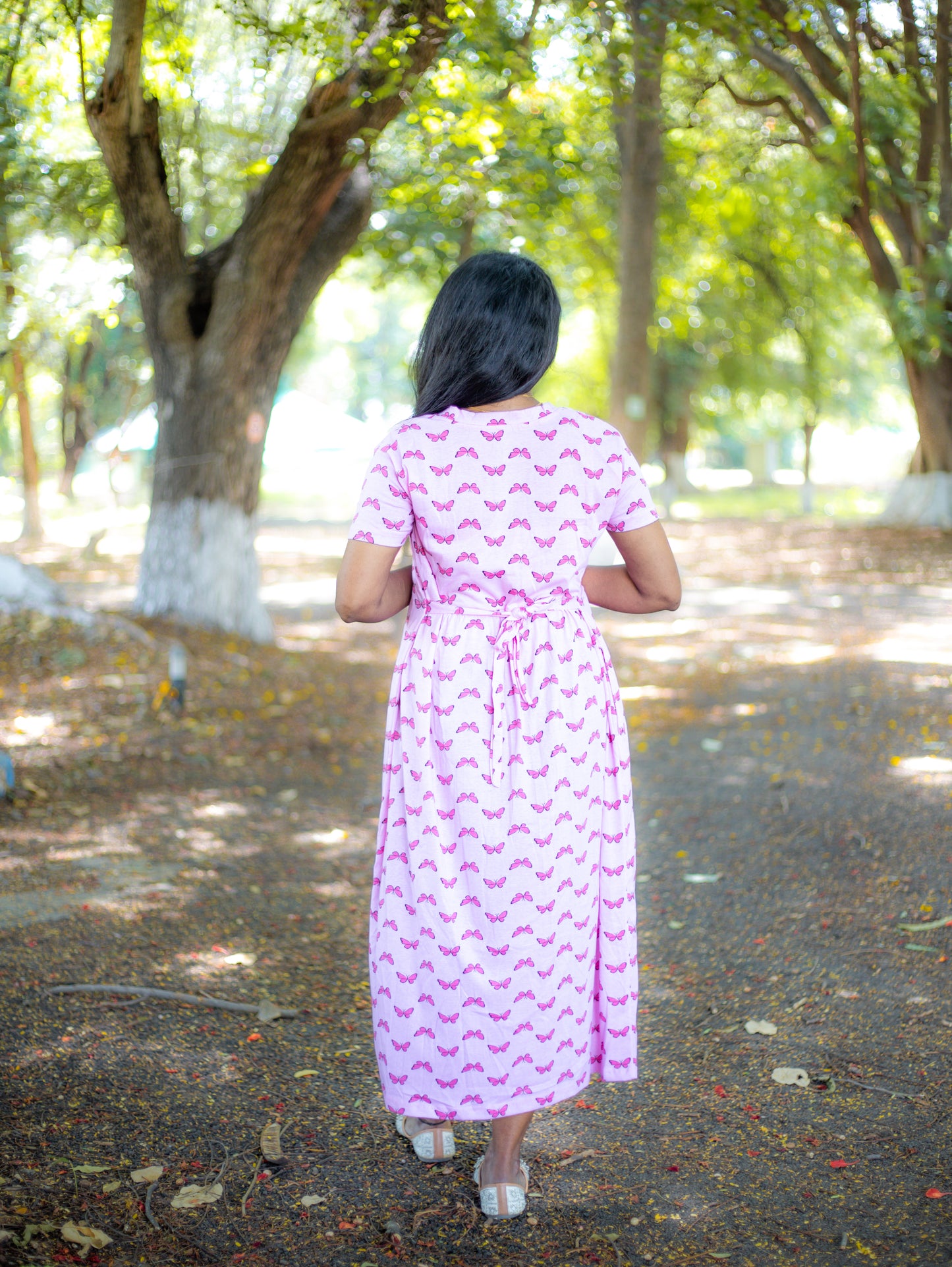 Non Feeding pink with butterfly Daily Wear Casual Midi Dress| Short Sleeves | Comfortable Casual Outfit