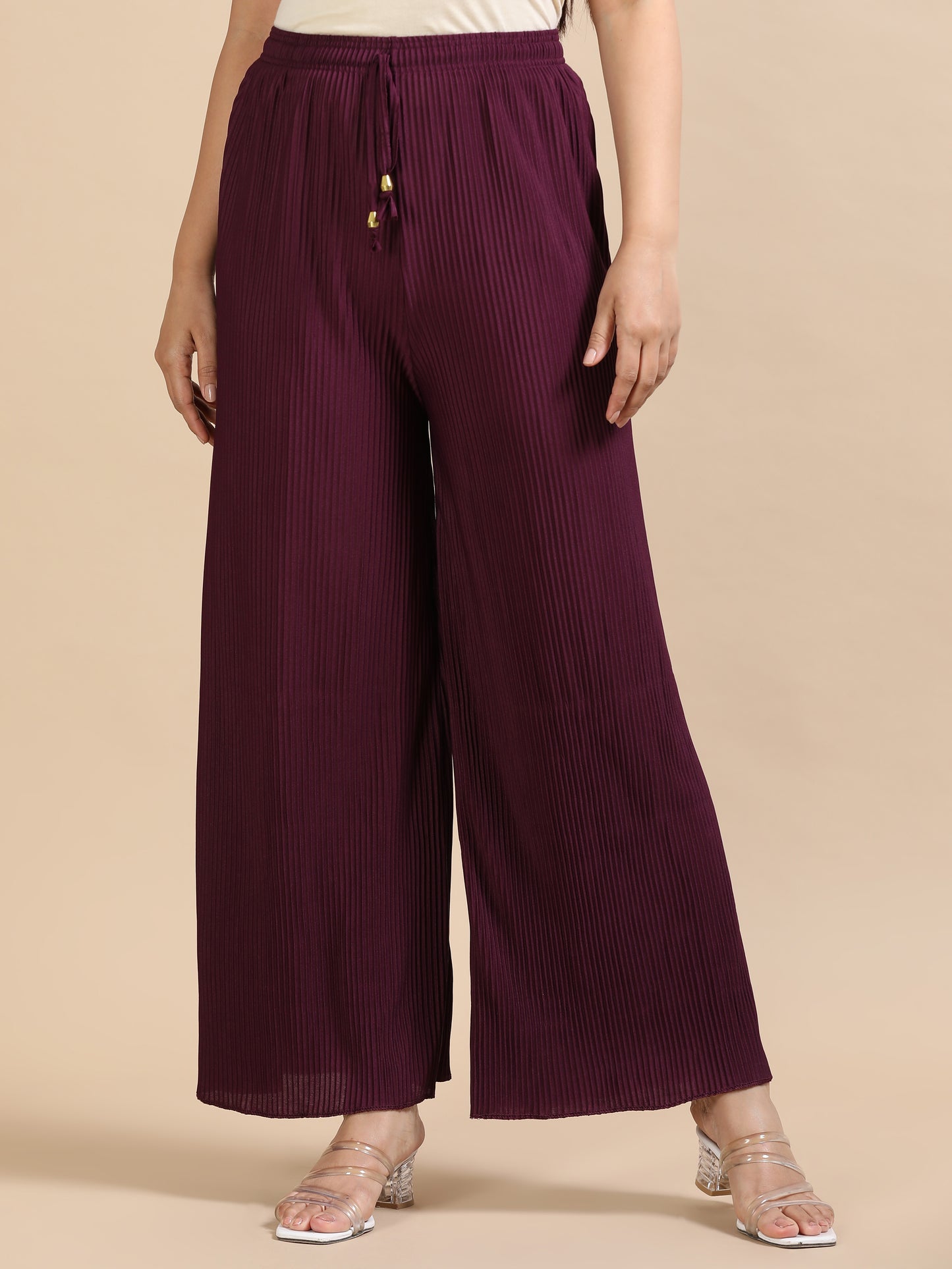 Women Purple Popcorn Fabric Pleated Palazzo Pants | Wide Leg | Soft & Stretchable (Copy)