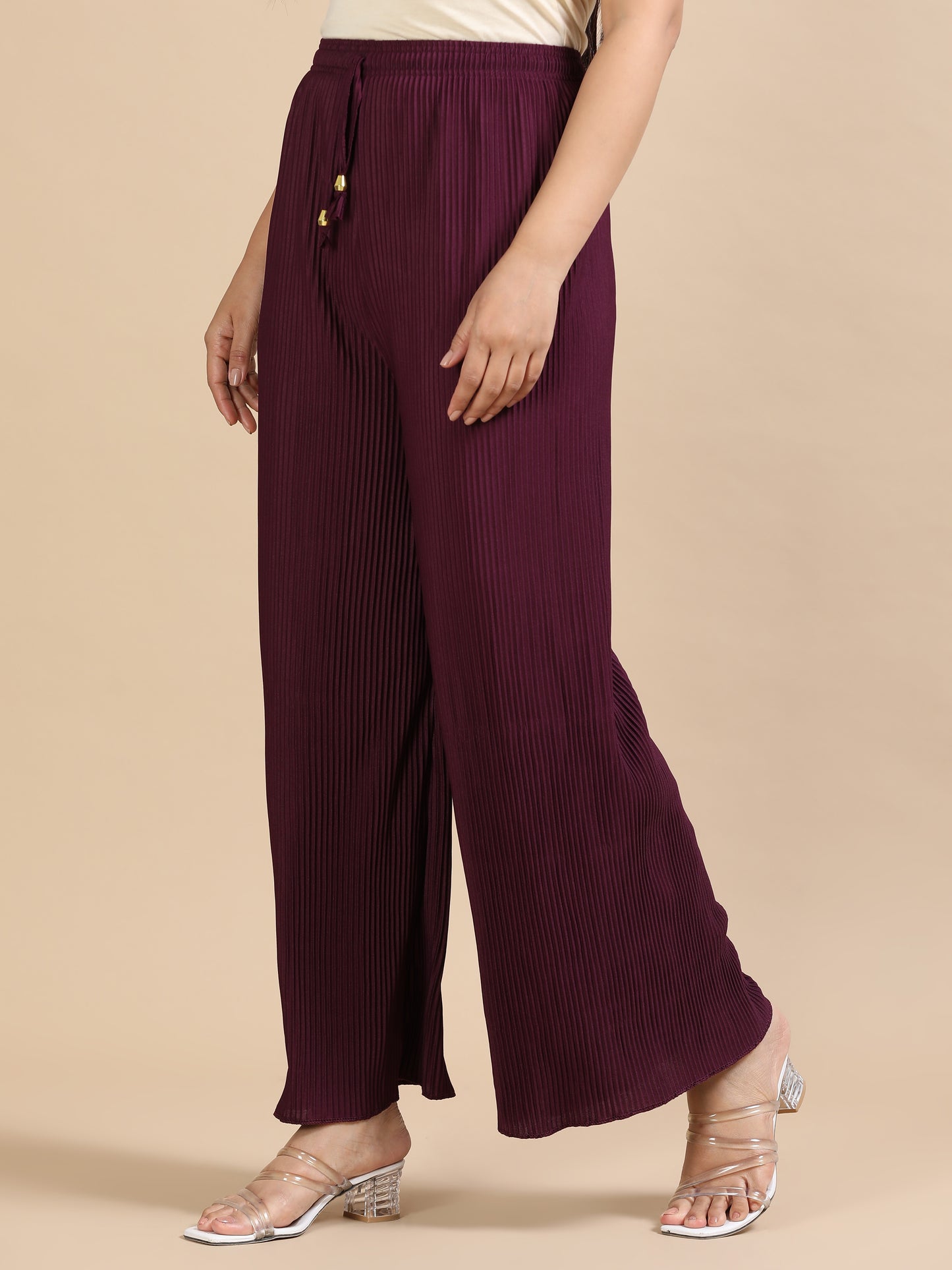 Women Purple Popcorn Fabric Pleated Palazzo Pants | Wide Leg | Soft & Stretchable (Copy)