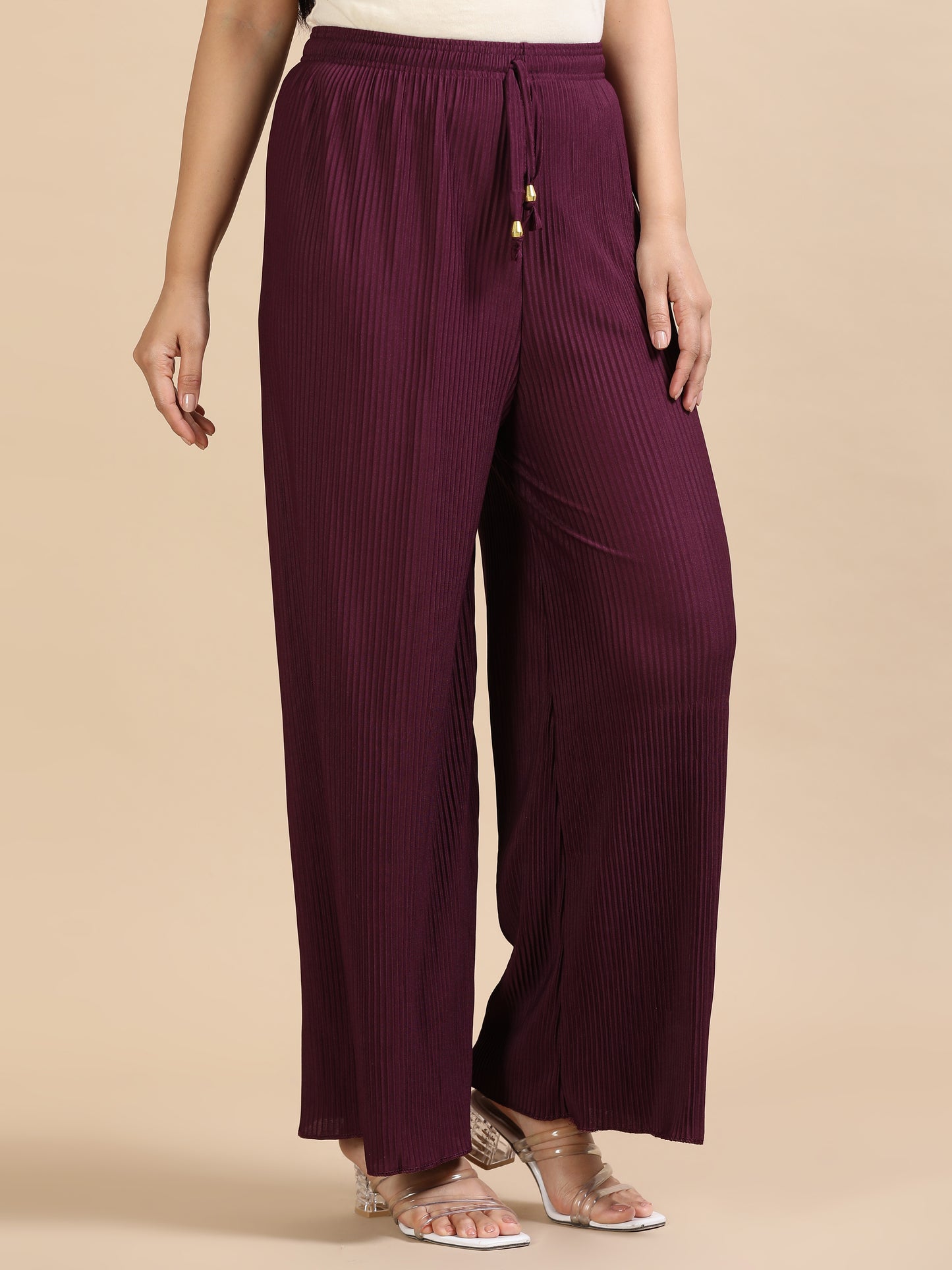 Women Purple Popcorn Fabric Pleated Palazzo Pants | Wide Leg | Soft & Stretchable (Copy)