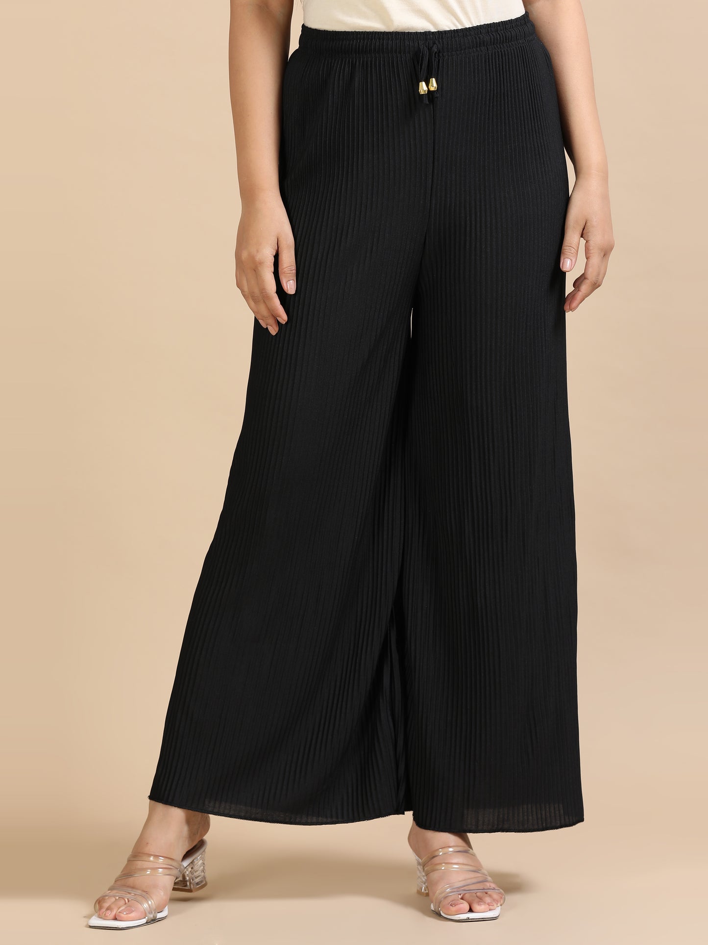 Women Black Popcorn Fabric Pleated Palazzo Pants | Wide Leg | Soft & Stretchable