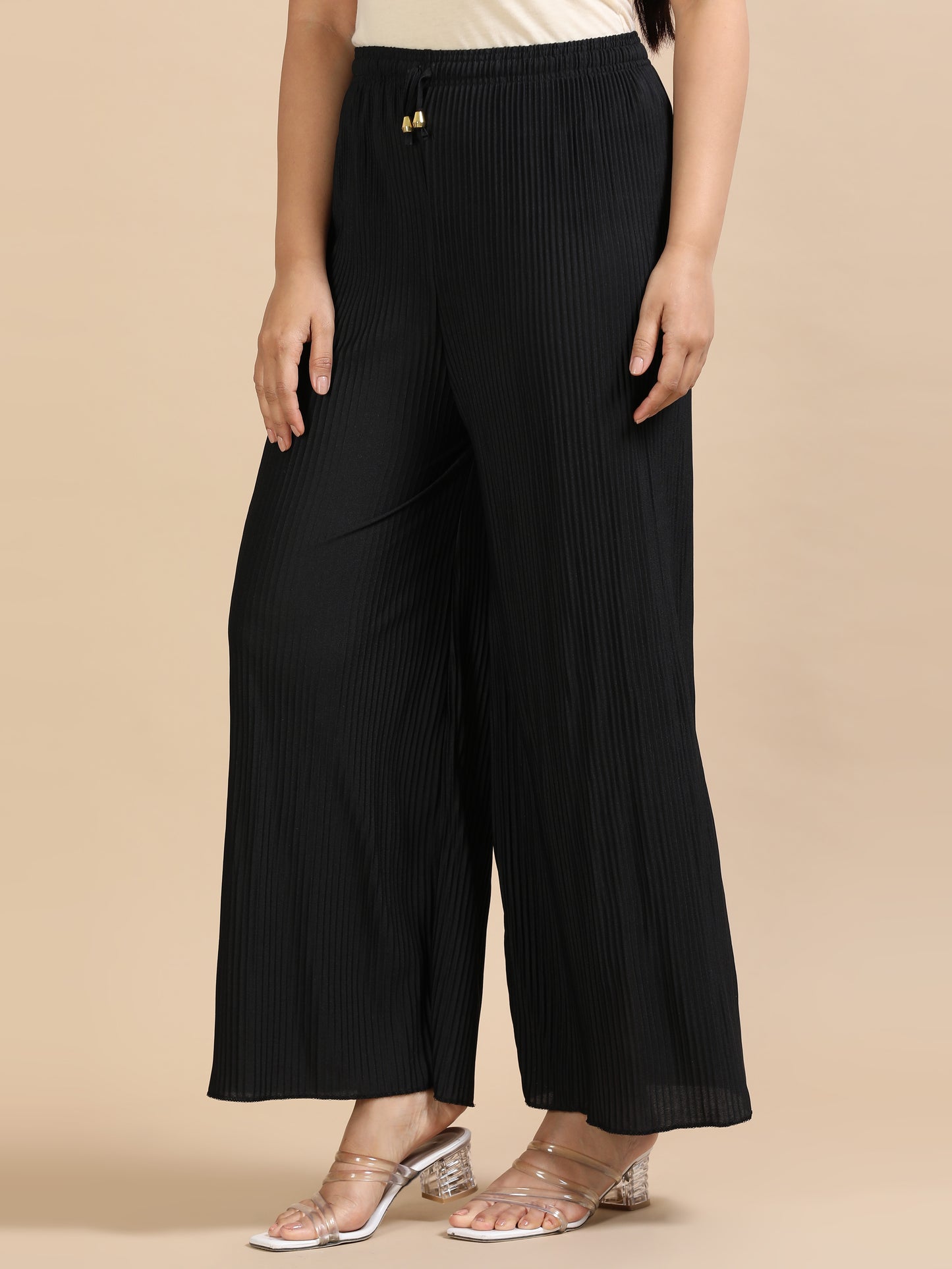 Women Black Popcorn Fabric Pleated Palazzo Pants | Wide Leg | Soft & Stretchable