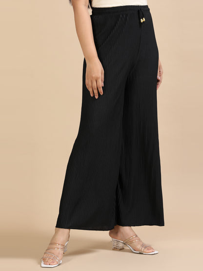 Women Black Popcorn Fabric Pleated Palazzo Pants | Wide Leg | Soft & Stretchable