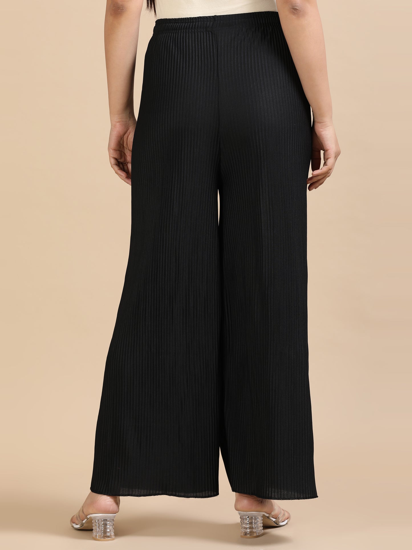 Women Black Popcorn Fabric Pleated Palazzo Pants | Wide Leg | Soft & Stretchable
