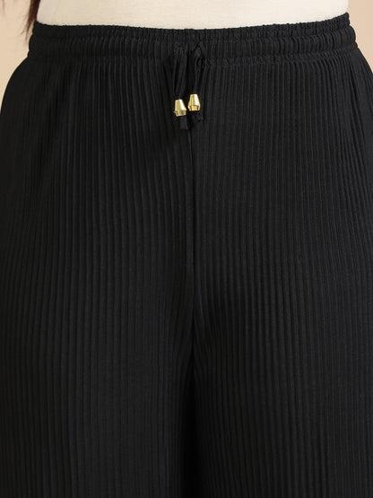 Women Black Popcorn Fabric Pleated Palazzo Pants | Wide Leg | Soft & Stretchable