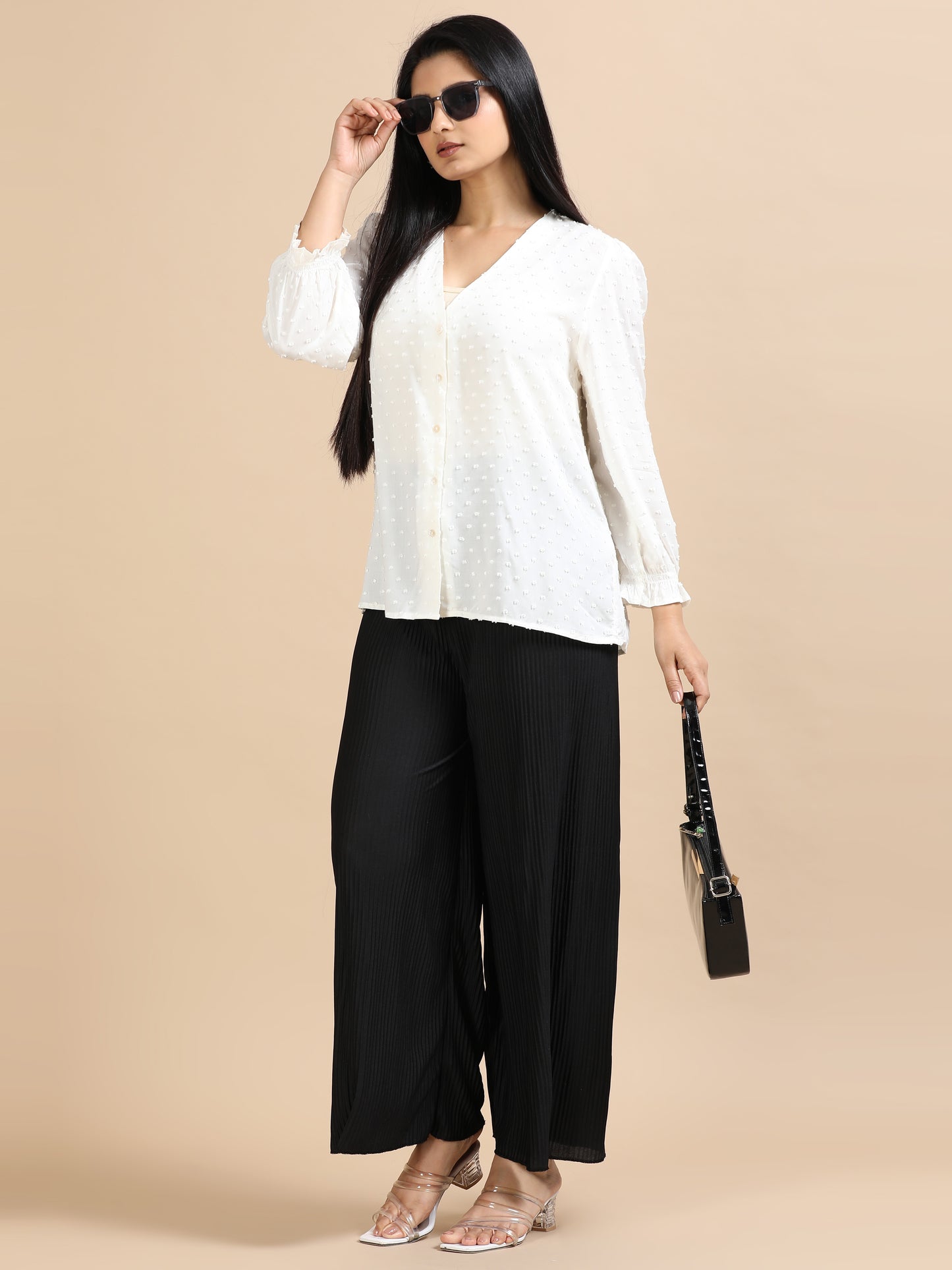 Women Black Popcorn Fabric Pleated Palazzo Pants | Wide Leg | Soft & Stretchable