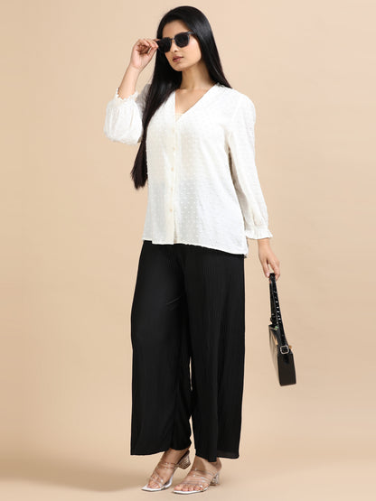 Women Black Popcorn Fabric Pleated Palazzo Pants | Wide Leg | Soft & Stretchable