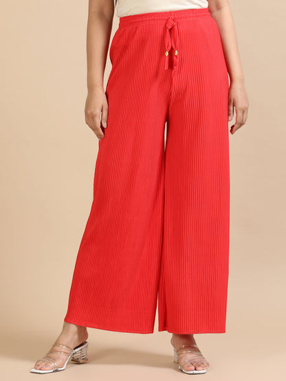 Women Red Popcorn Fabric Pleated Palazzo Pants | Wide Leg | Soft & Stretchable