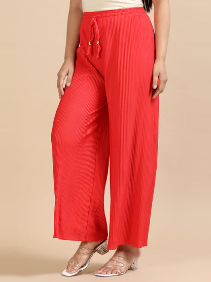 Women Red Popcorn Fabric Pleated Palazzo Pants | Wide Leg | Soft & Stretchable