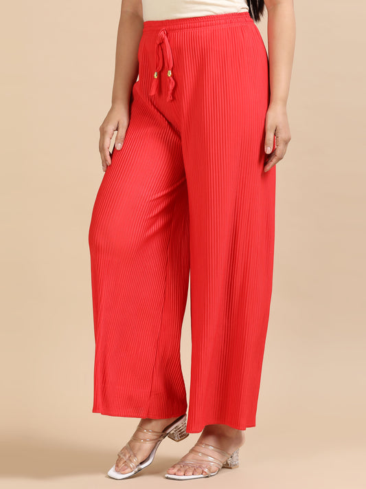 Women Red Popcorn Fabric Pleated Palazzo Pants | Wide Leg | Soft & Stretchable