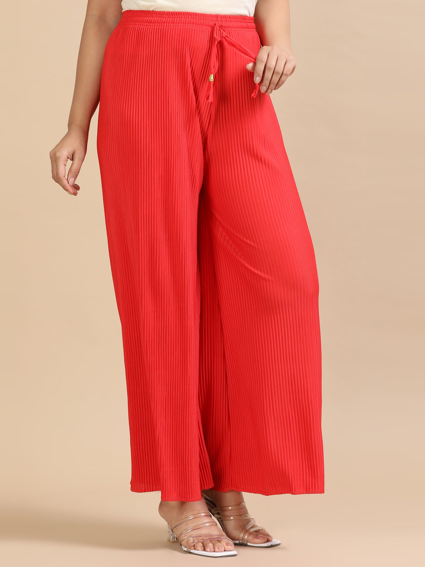 Women Red Popcorn Fabric Pleated Palazzo Pants | Wide Leg | Soft & Stretchable