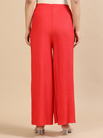 Women Red Popcorn Fabric Pleated Palazzo Pants | Wide Leg | Soft & Stretchable