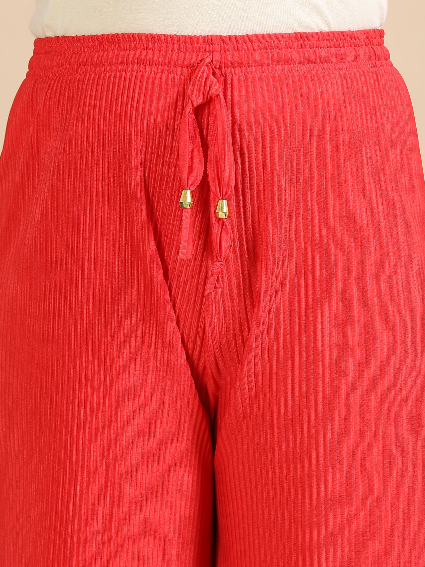 Women Red Popcorn Fabric Pleated Palazzo Pants | Wide Leg | Soft & Stretchable