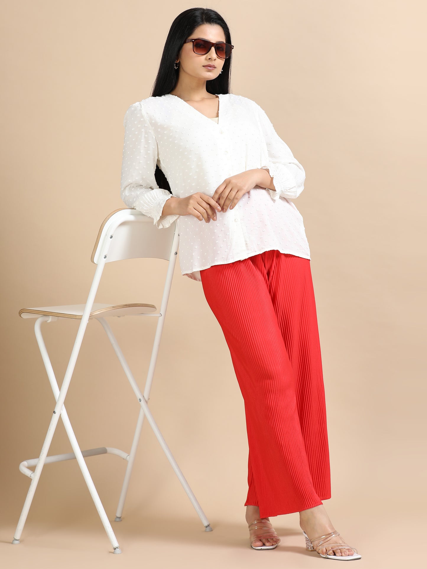 Women Red Popcorn Fabric Pleated Palazzo Pants | Wide Leg | Soft & Stretchable