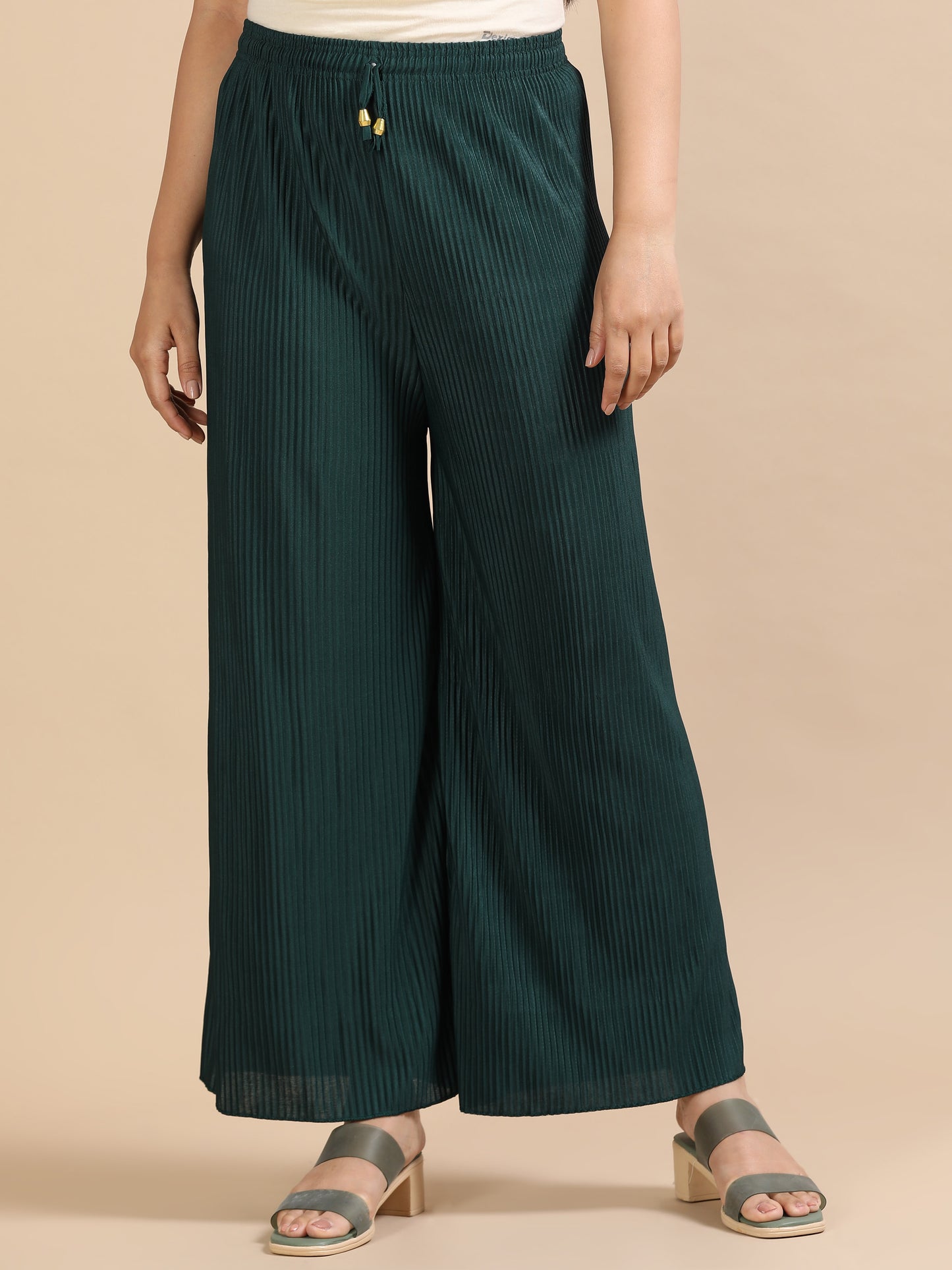 Women Green Popcorn Fabric Pleated Palazzo Pants | Wide Leg | Soft & Stretchable