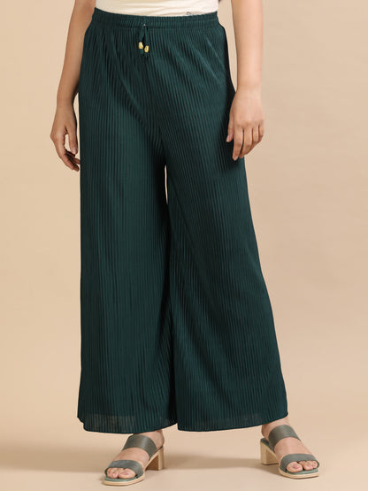 Women Green Popcorn Fabric Pleated Palazzo Pants | Wide Leg | Soft & Stretchable