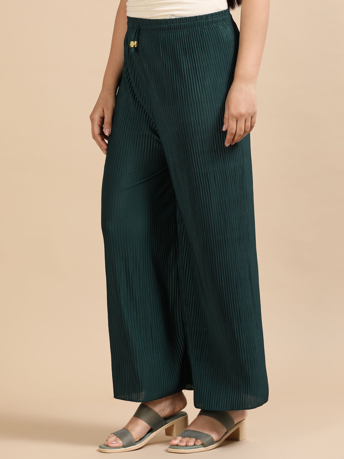 Women Green Popcorn Fabric Pleated Palazzo Pants | Wide Leg | Soft & Stretchable