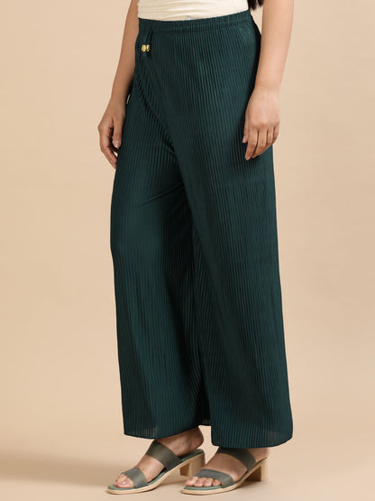 Women Green Popcorn Fabric Pleated Palazzo Pants | Wide Leg | Soft & Stretchable