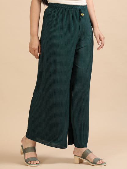 Women Green Popcorn Fabric Pleated Palazzo Pants | Wide Leg | Soft & Stretchable