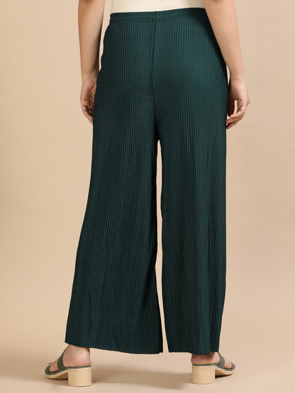 Women Green Popcorn Fabric Pleated Palazzo Pants | Wide Leg | Soft & Stretchable