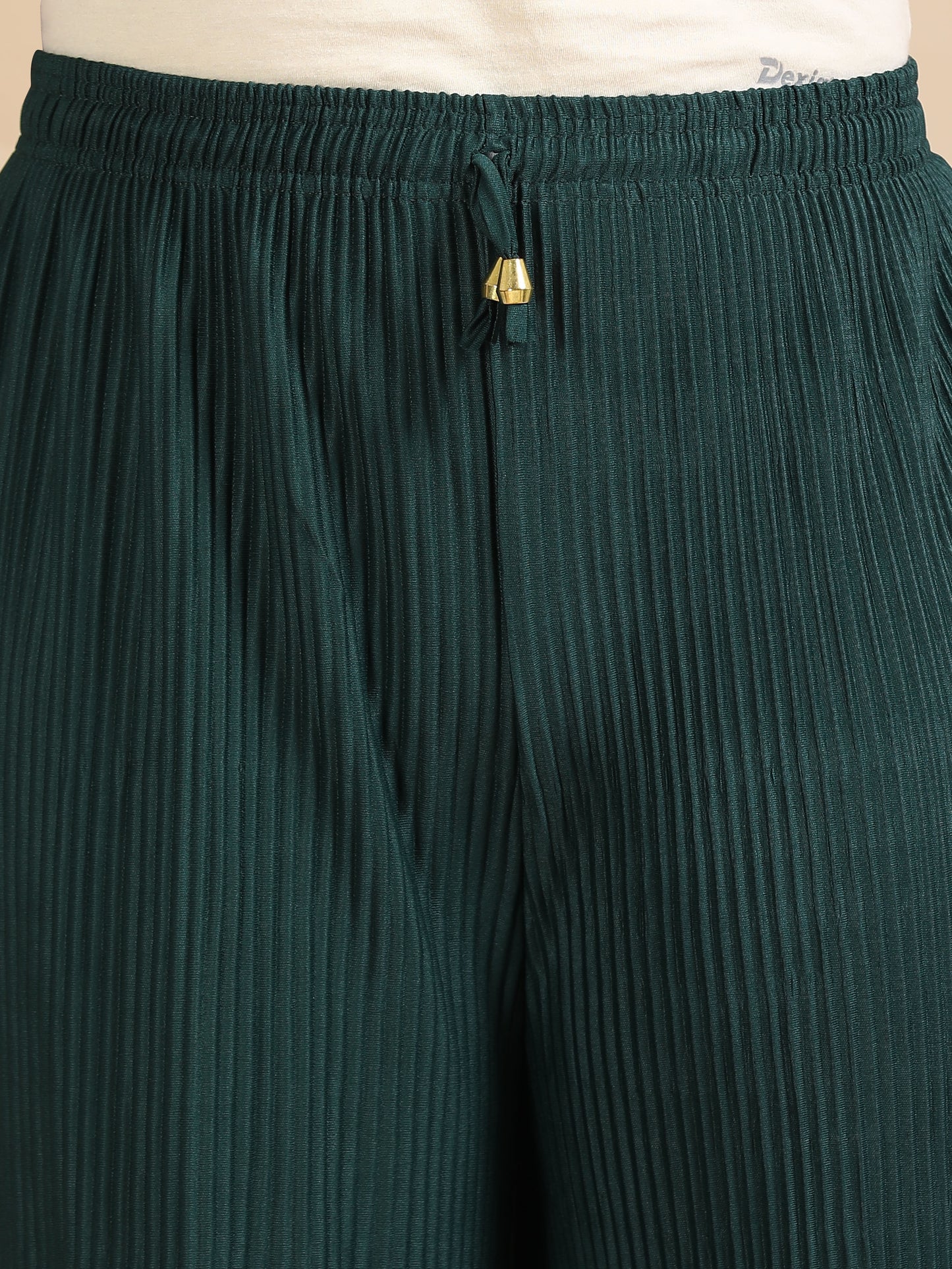 Women Green Popcorn Fabric Pleated Palazzo Pants | Wide Leg | Soft & Stretchable