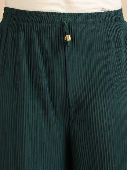 Women Green Popcorn Fabric Pleated Palazzo Pants | Wide Leg | Soft & Stretchable