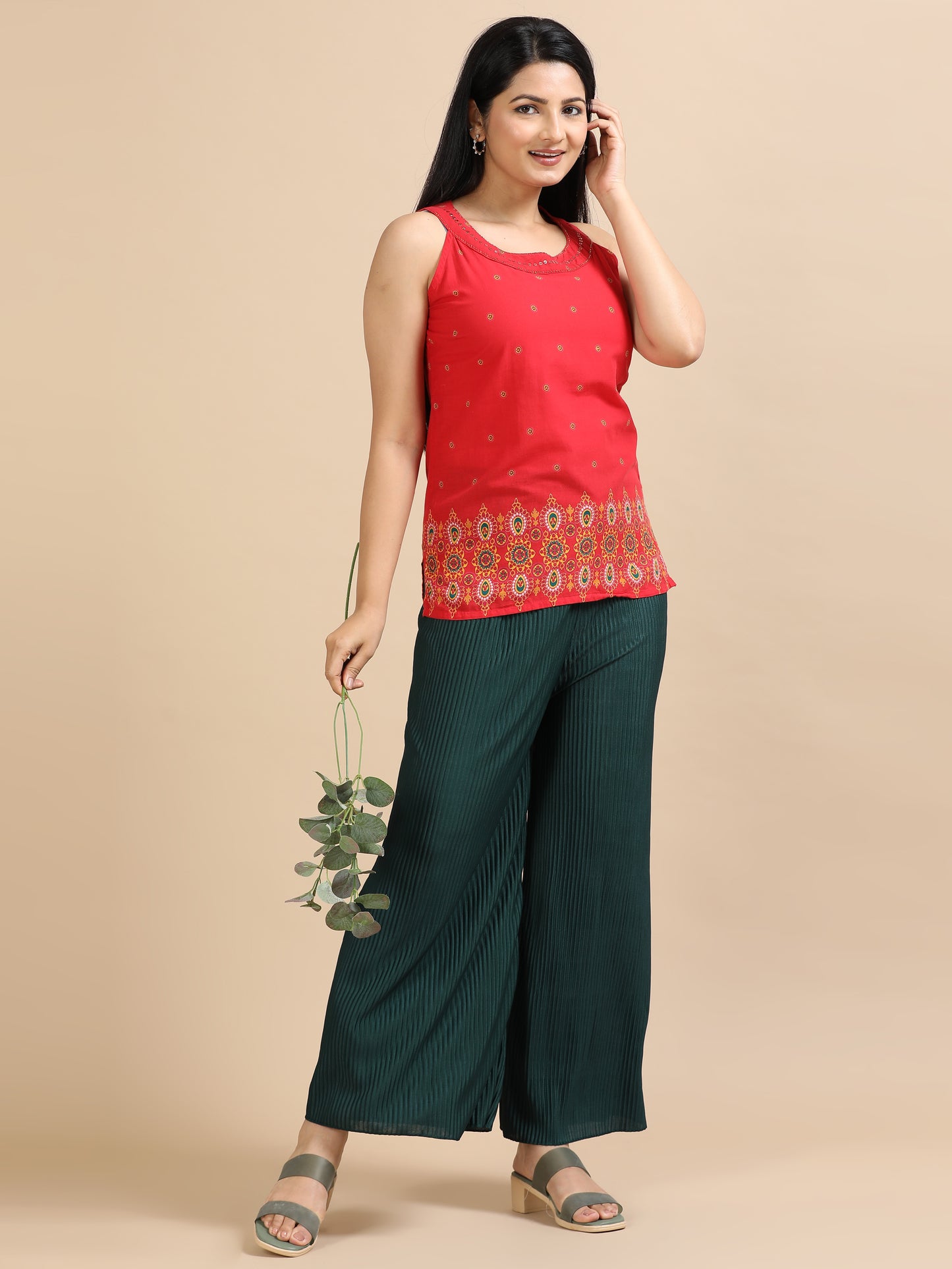 Women Green Popcorn Fabric Pleated Palazzo Pants | Wide Leg | Soft & Stretchable