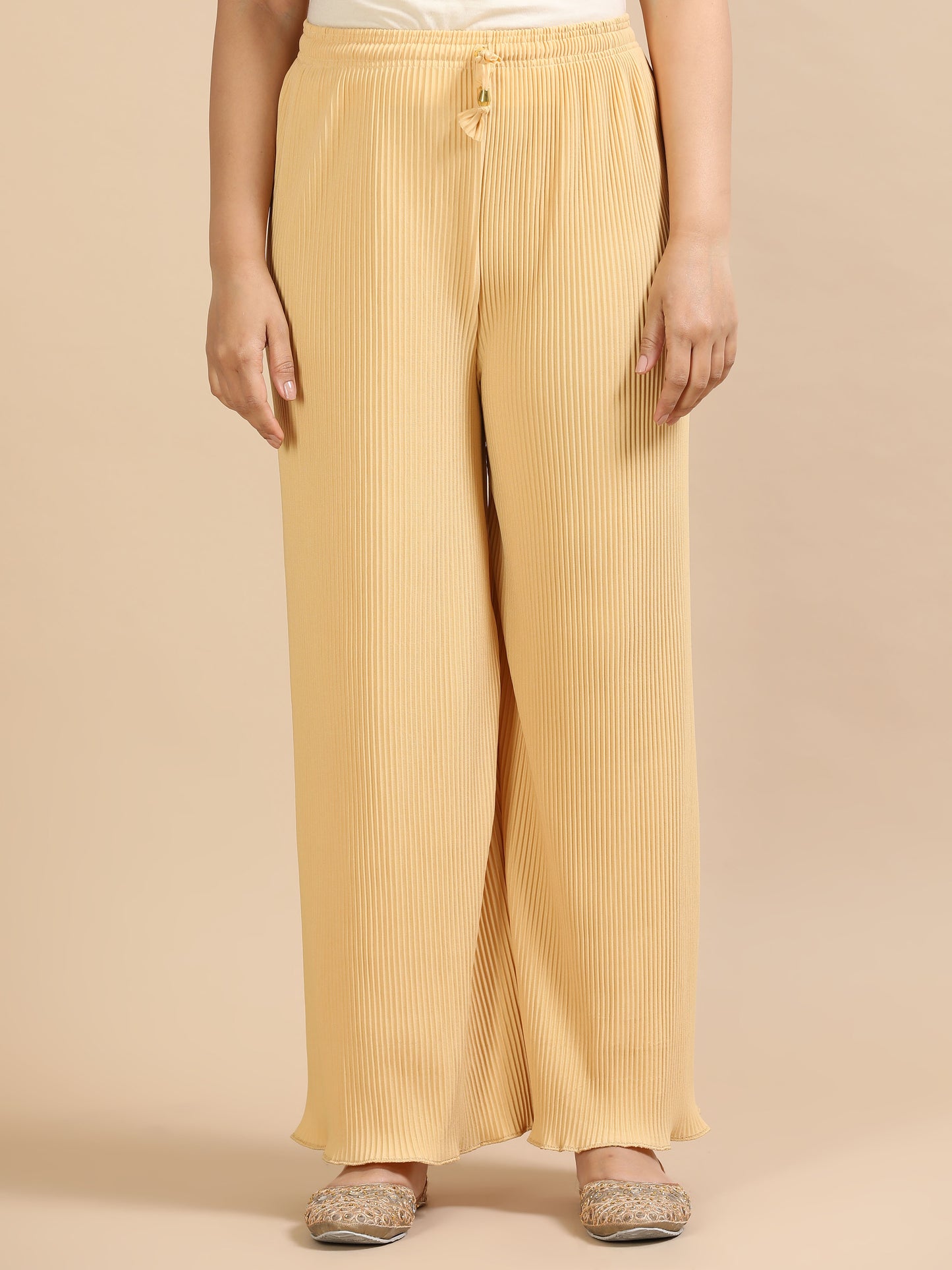 Women Skin Popcorn Fabric Pleated Palazzo Pants | Wide Leg | Soft & Stretchable