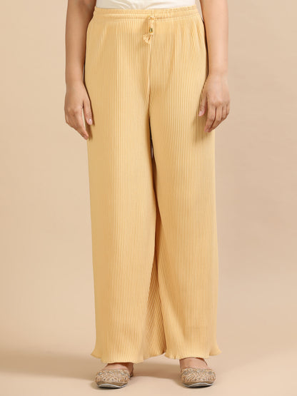 Women Skin Popcorn Fabric Pleated Palazzo Pants | Wide Leg | Soft & Stretchable