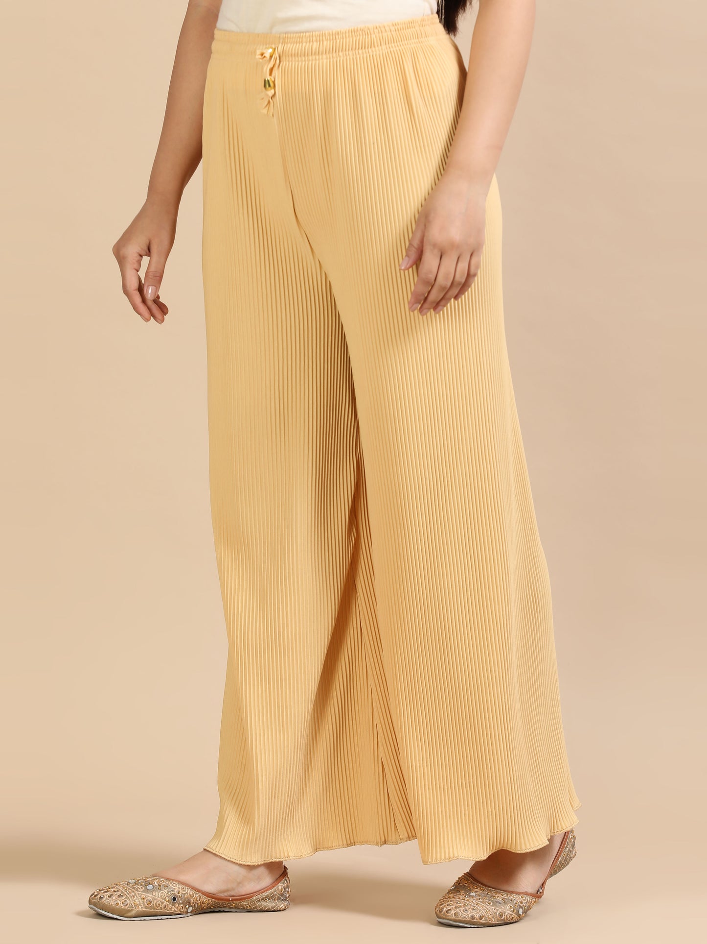 Women Skin Popcorn Fabric Pleated Palazzo Pants | Wide Leg | Soft & Stretchable