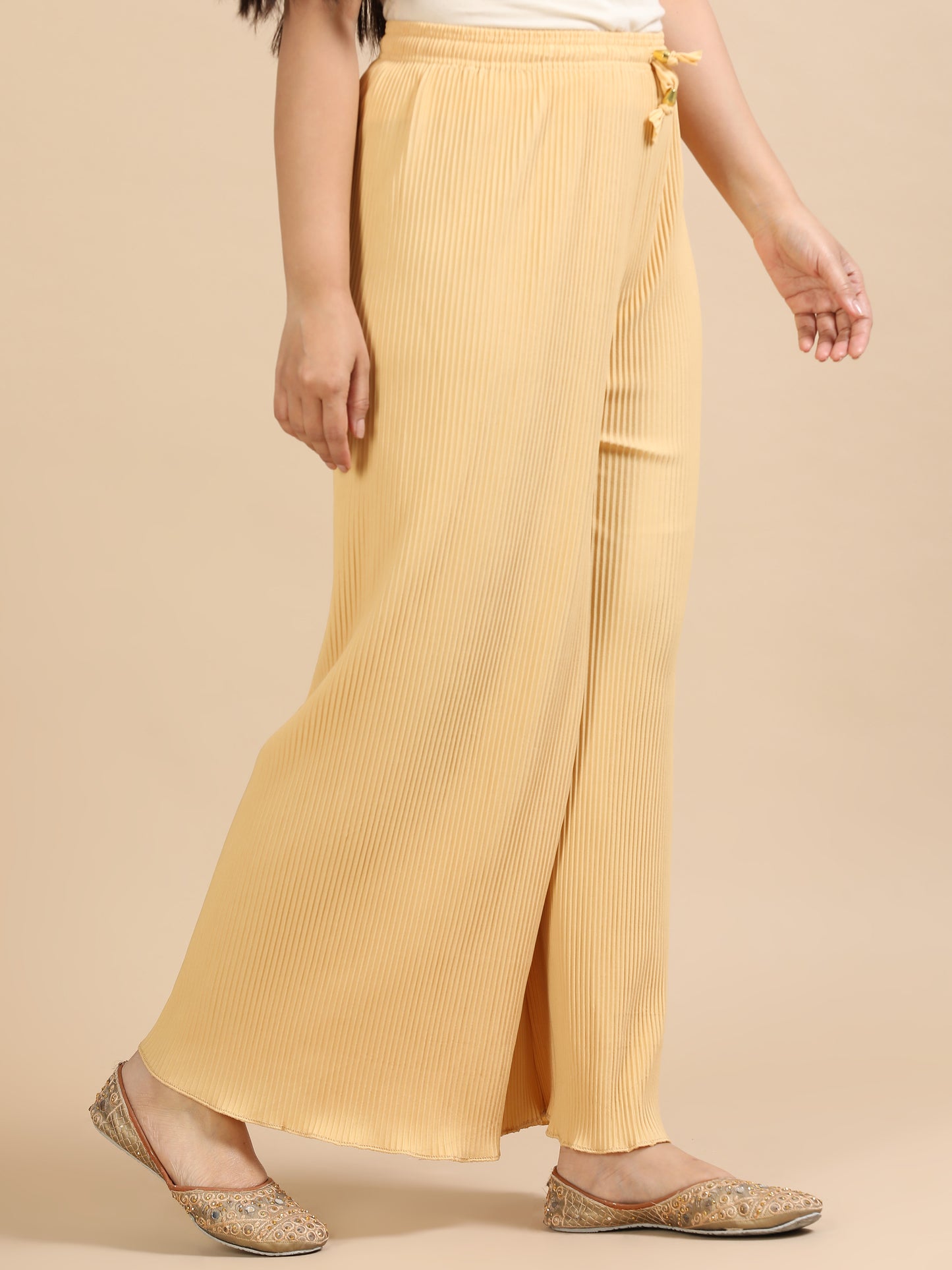 Women Skin Popcorn Fabric Pleated Palazzo Pants | Wide Leg | Soft & Stretchable
