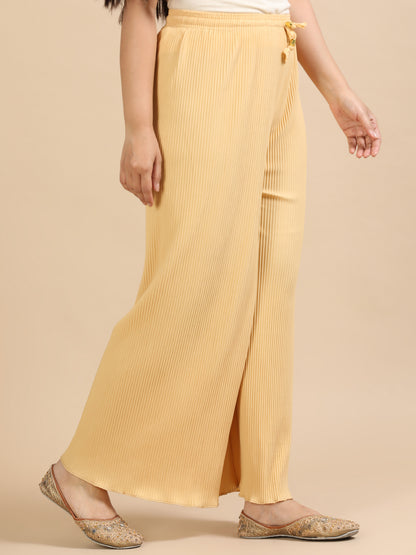 Women Skin Popcorn Fabric Pleated Palazzo Pants | Wide Leg | Soft & Stretchable