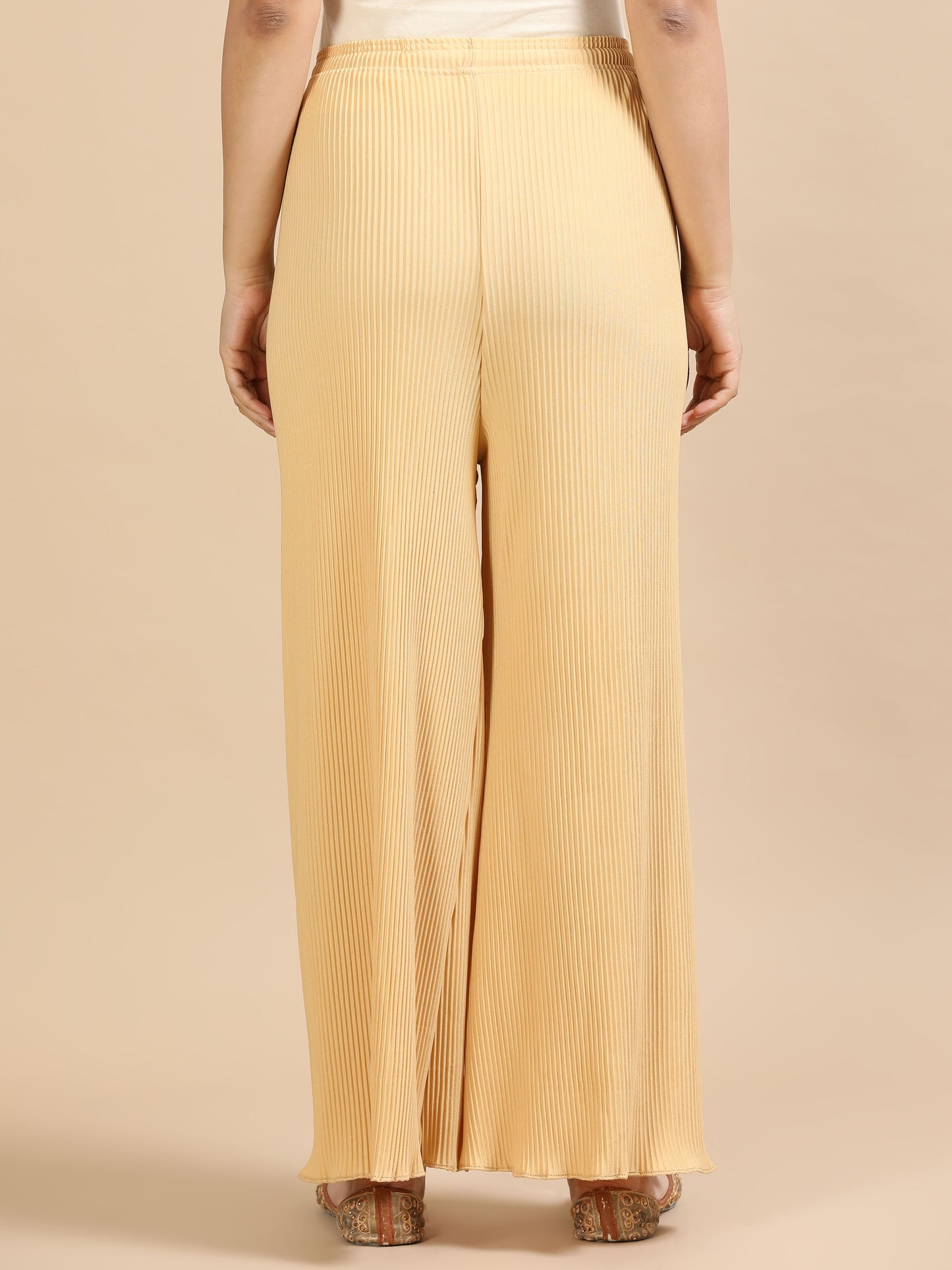 Women Skin Popcorn Fabric Pleated Palazzo Pants | Wide Leg | Soft & Stretchable