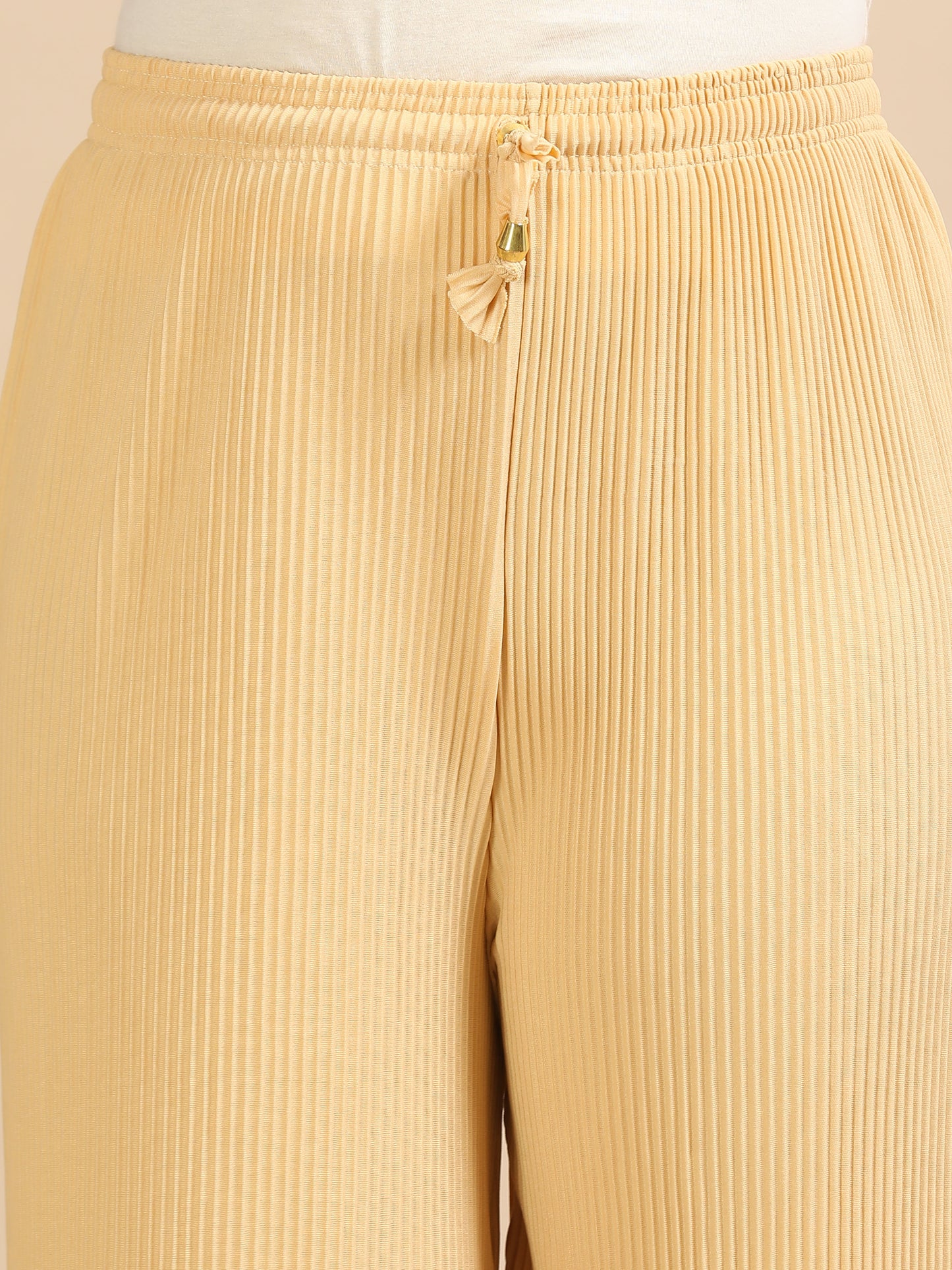 Women Skin Popcorn Fabric Pleated Palazzo Pants | Wide Leg | Soft & Stretchable