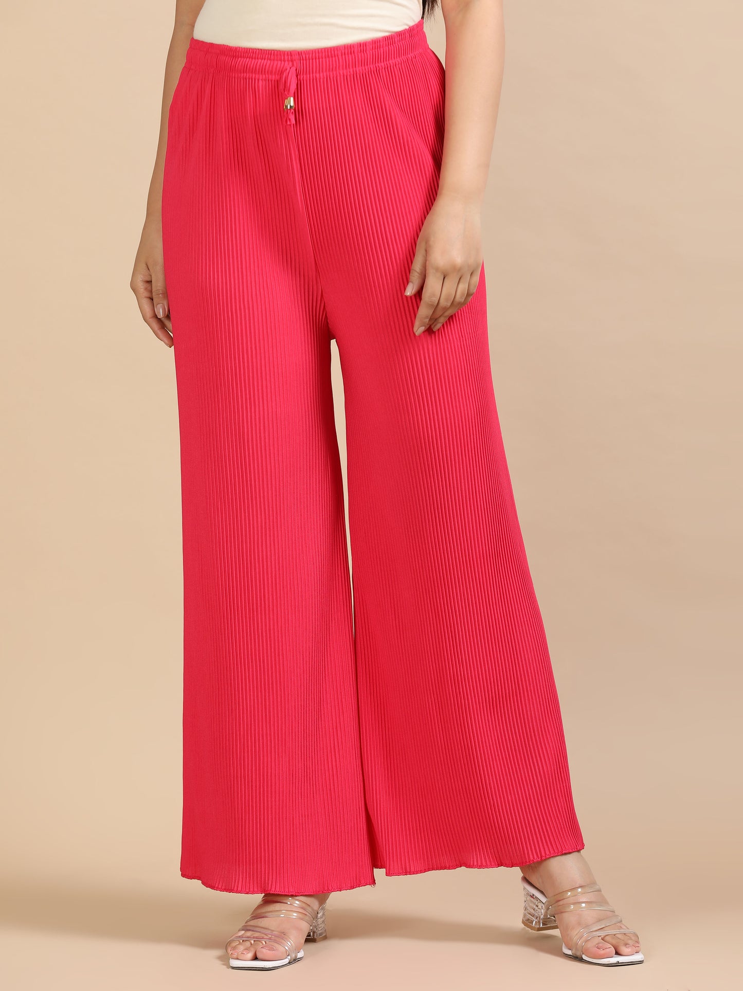 Women Pink Popcorn Fabric Pleated Palazzo Pants | Wide Leg | Soft & Stretchable
