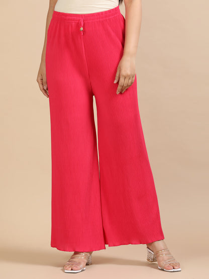 Women Pink Popcorn Fabric Pleated Palazzo Pants | Wide Leg | Soft & Stretchable