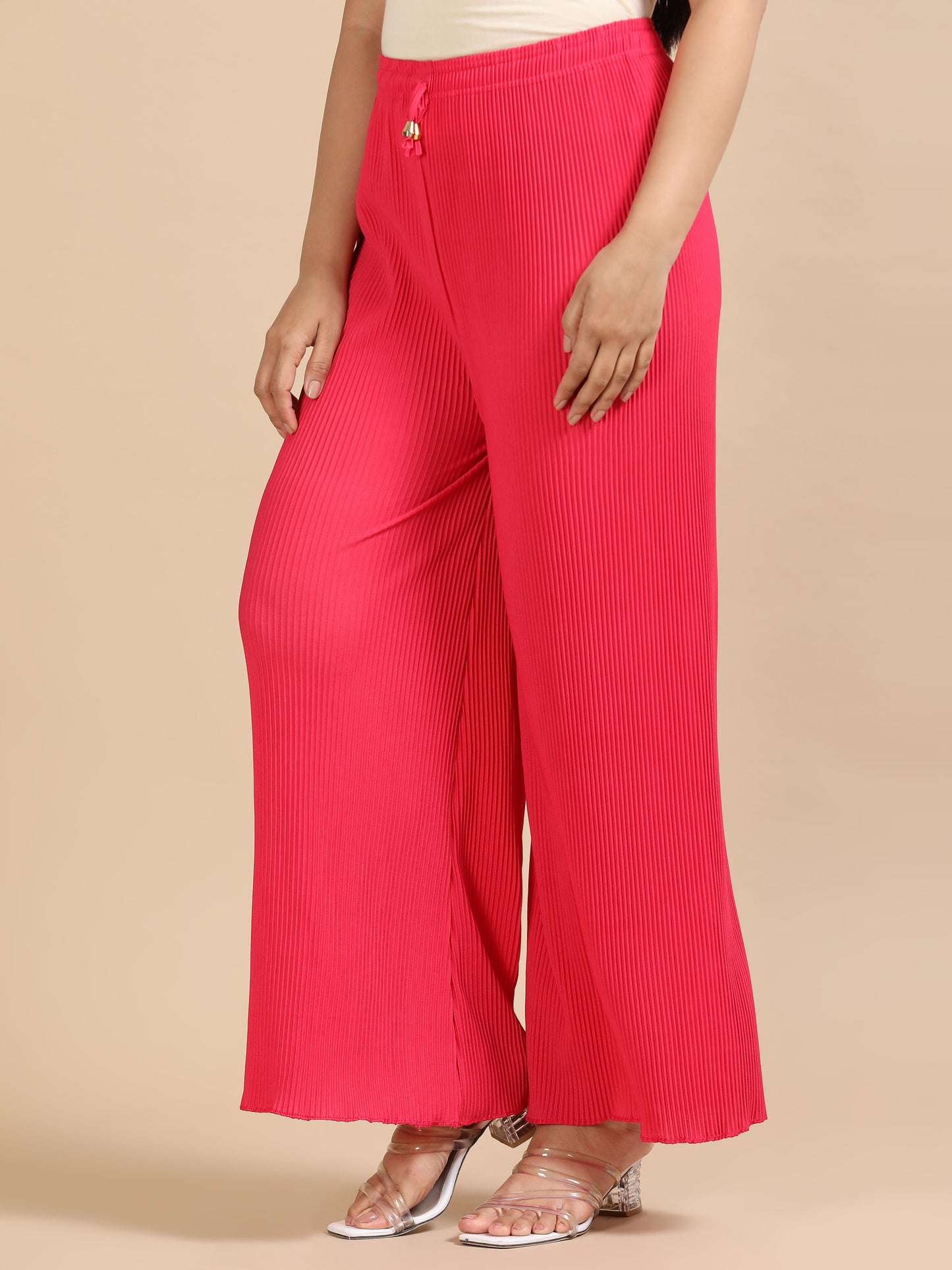 Women Pink Popcorn Fabric Pleated Palazzo Pants | Wide Leg | Soft & Stretchable