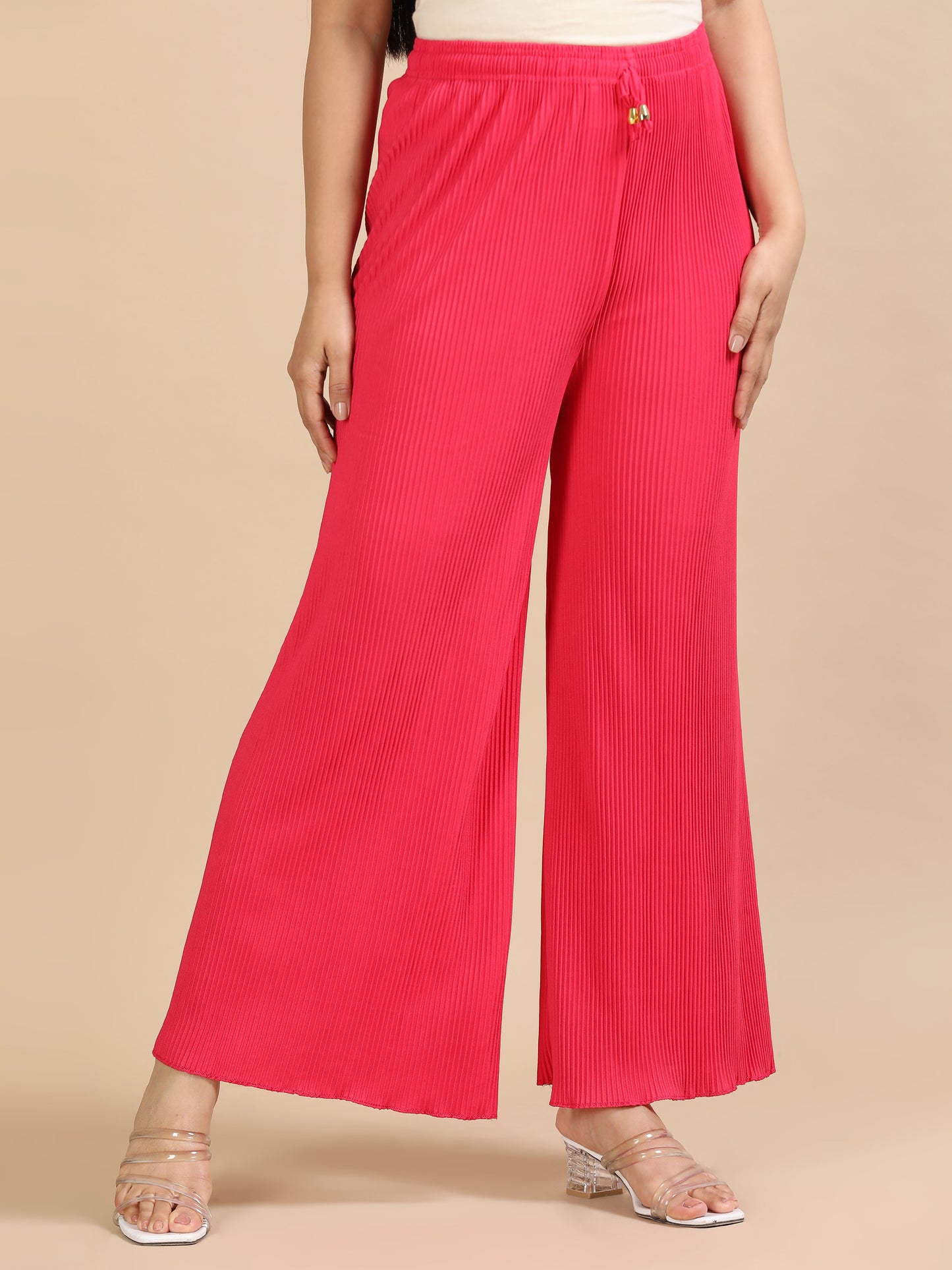 Women Pink Popcorn Fabric Pleated Palazzo Pants | Wide Leg | Soft & Stretchable