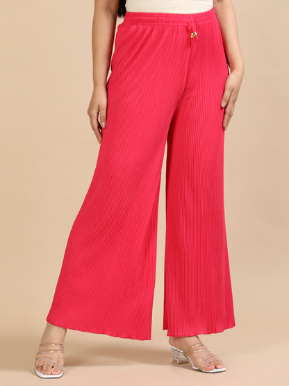 Women Pink Popcorn Fabric Pleated Palazzo Pants | Wide Leg | Soft & Stretchable