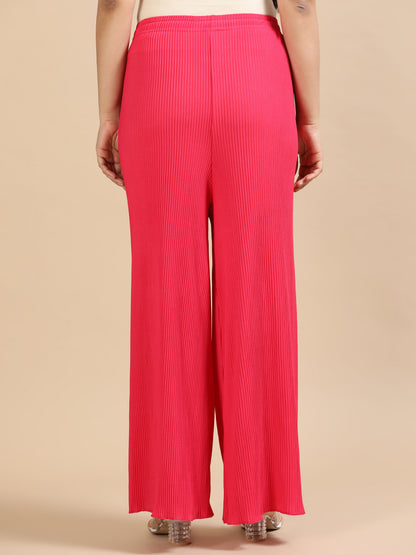 Women Pink Popcorn Fabric Pleated Palazzo Pants | Wide Leg | Soft & Stretchable
