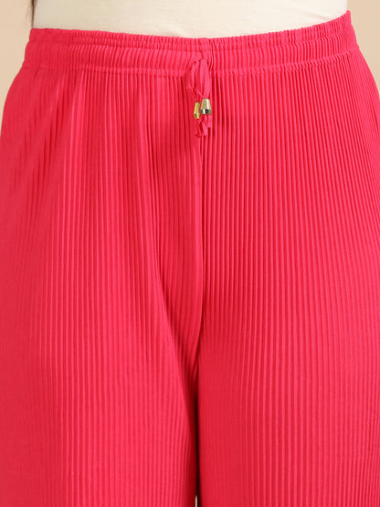 Women Pink Popcorn Fabric Pleated Palazzo Pants | Wide Leg | Soft & Stretchable