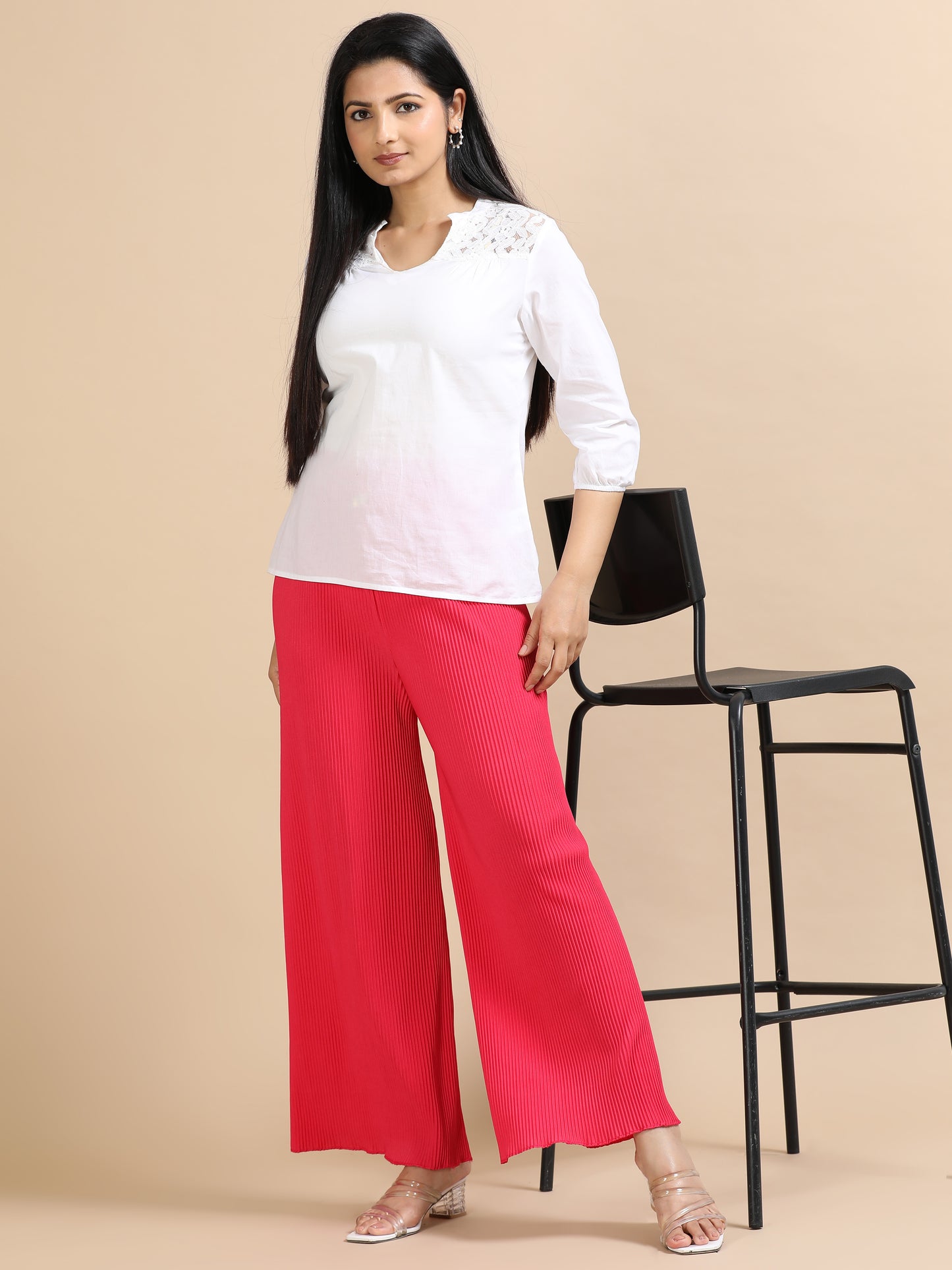 Women Pink Popcorn Fabric Pleated Palazzo Pants | Wide Leg | Soft & Stretchable