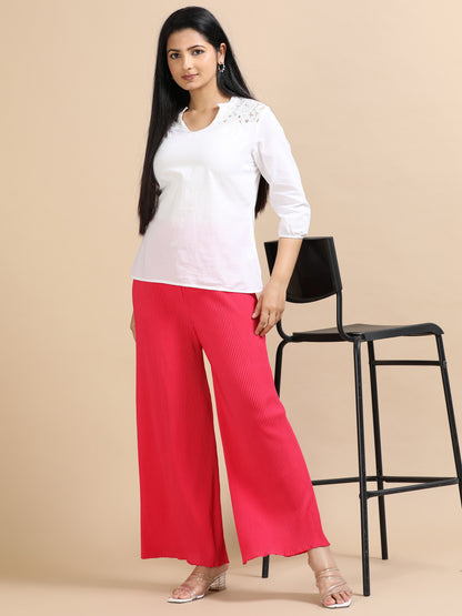 Women Pink Popcorn Fabric Pleated Palazzo Pants | Wide Leg | Soft & Stretchable