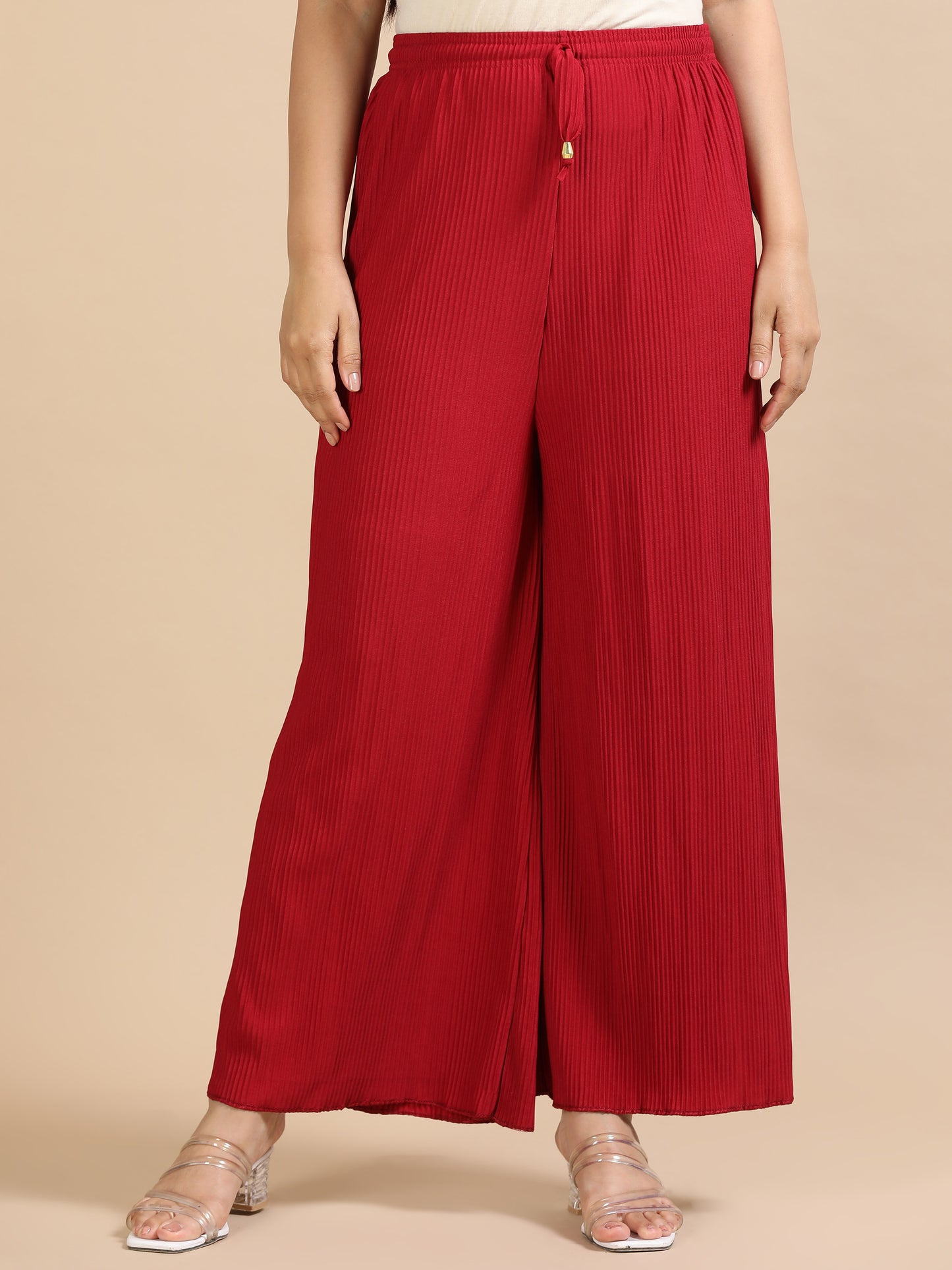 Women  Maroon Popcorn Fabric Pleated Palazzo Pants | Wide Leg | Soft & Stretchable