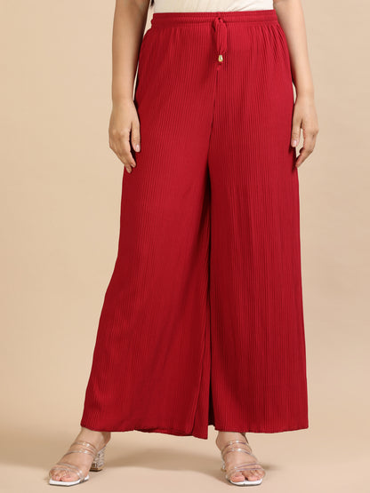Women  Maroon Popcorn Fabric Pleated Palazzo Pants | Wide Leg | Soft & Stretchable