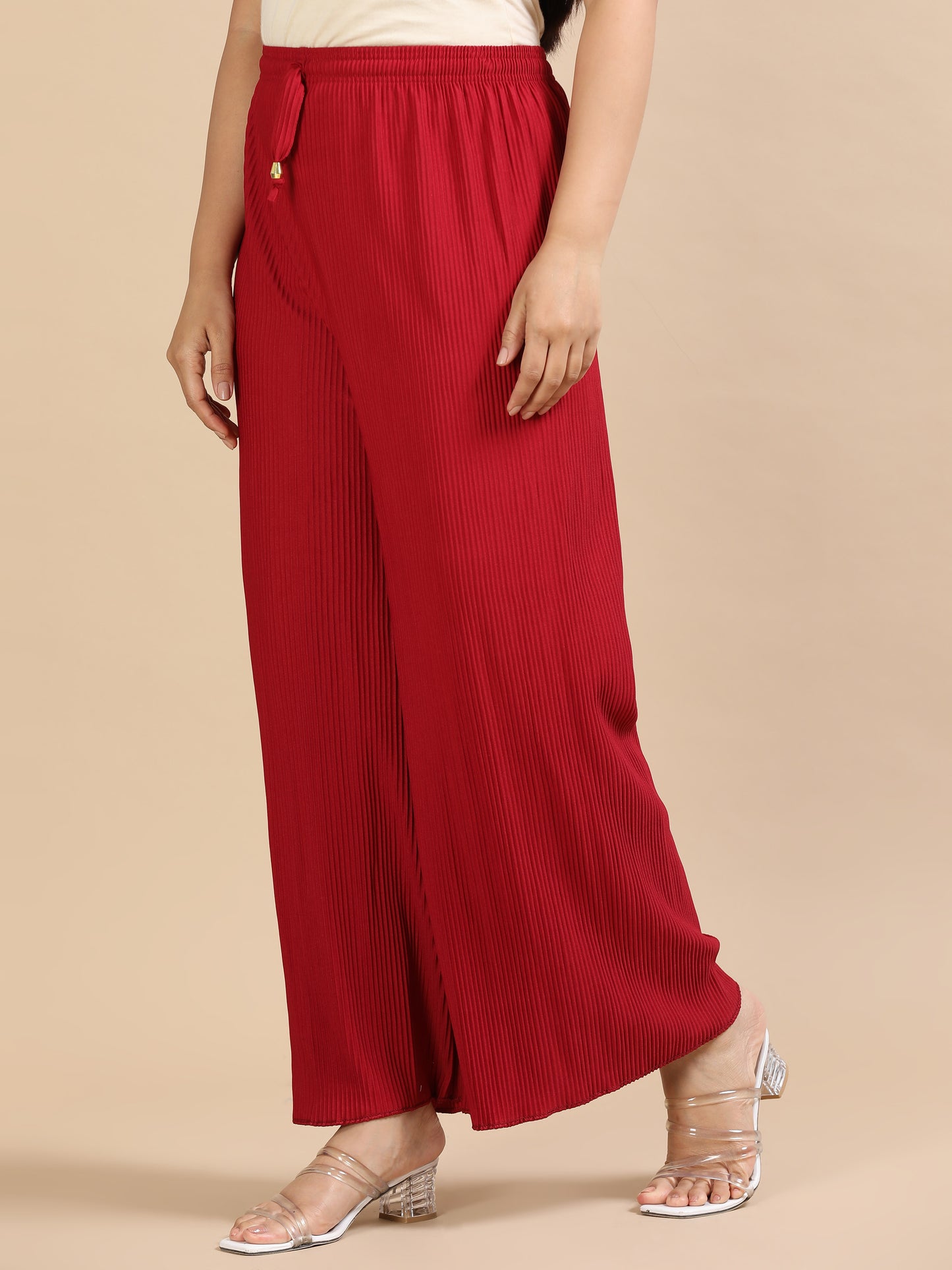 Women  Maroon Popcorn Fabric Pleated Palazzo Pants | Wide Leg | Soft & Stretchable